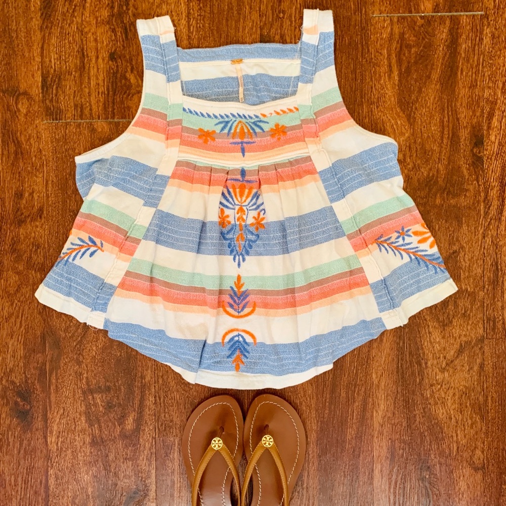 Free People Striped Embroidered Swing Tank Top